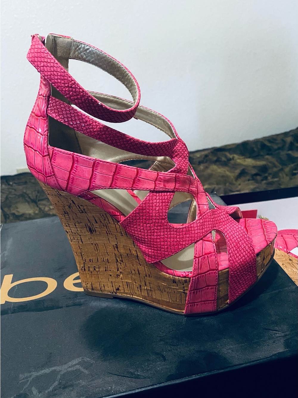 bebe Pink Strappy Cork Wedge Sandals
